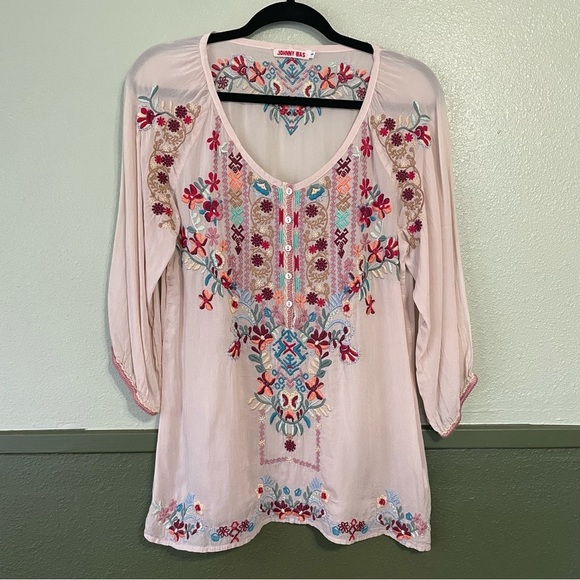 Johnny Was Tops - Johnny Was Dolora Georgette Blush Embroidered Cupra Rayon Blouse Small